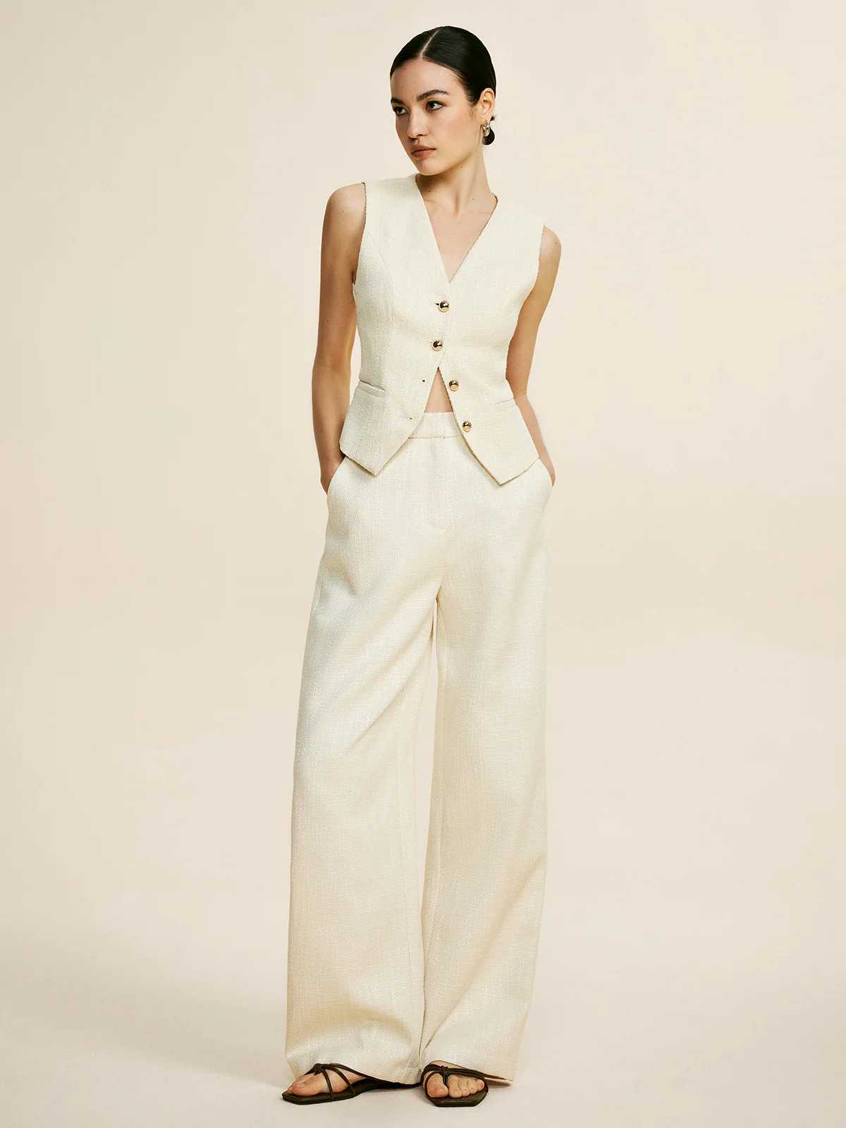 Tweed Sleeveless Baggy Pants Set - Takermore