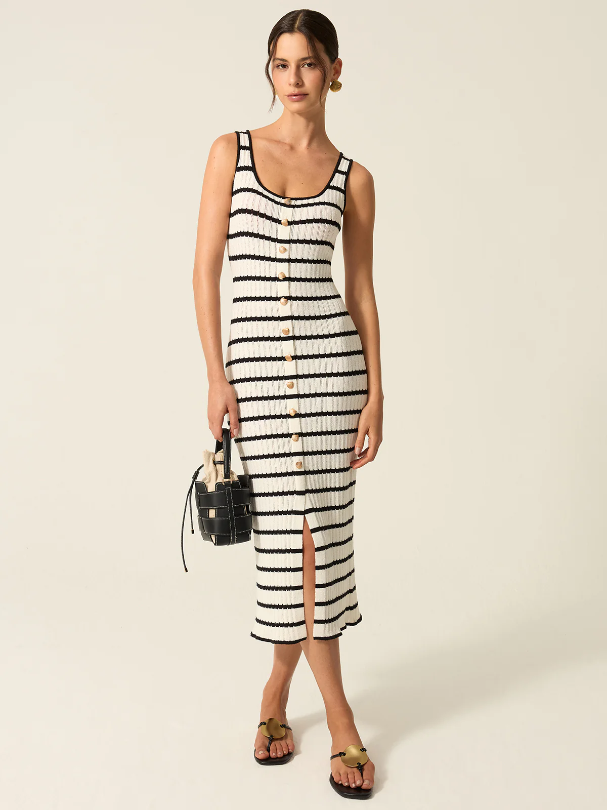 Striped Knit Midi Dress with Front Buttons and Slit Detail - Takermore