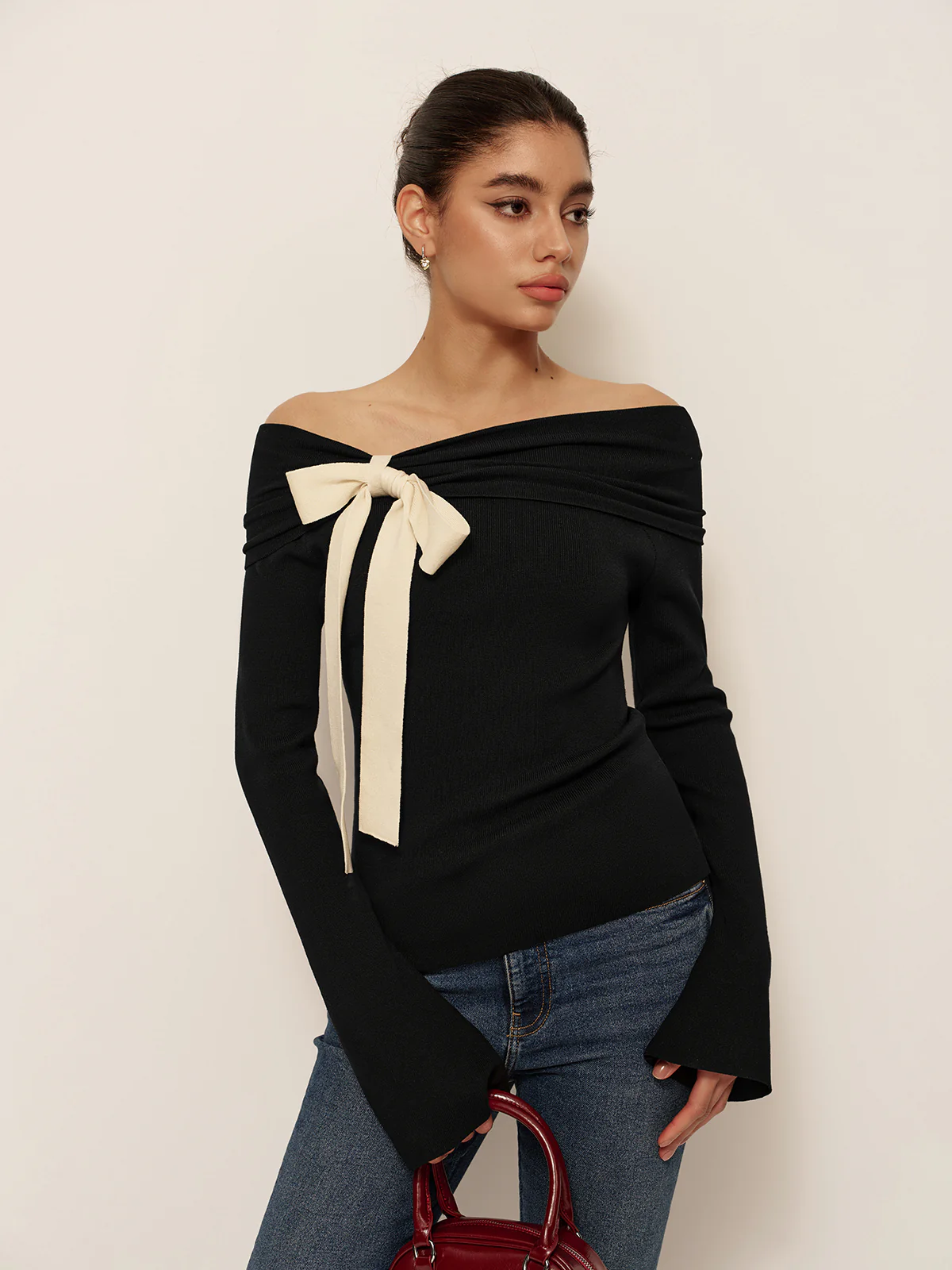 Wool-Blend Bow-Decor Bell Sleeve Knit Top - Takermore