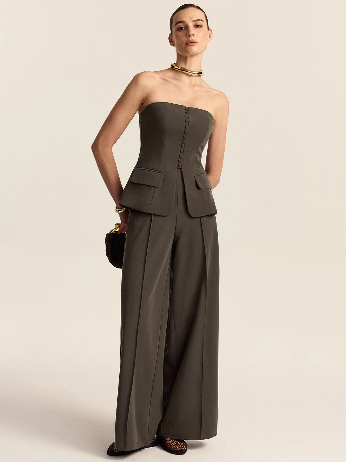 Strapless Top and Wide-Leg Pants Set - Takermore