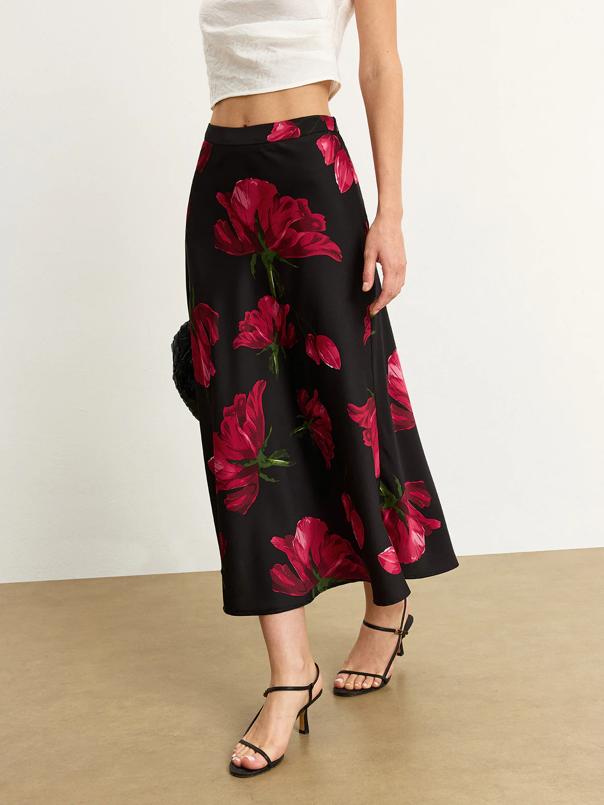 Satin Rose Midi Skirt - Takermore