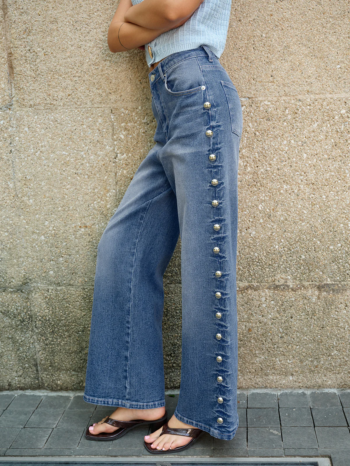 Buttoned Side Detail Pocketed Jeans - Takermore