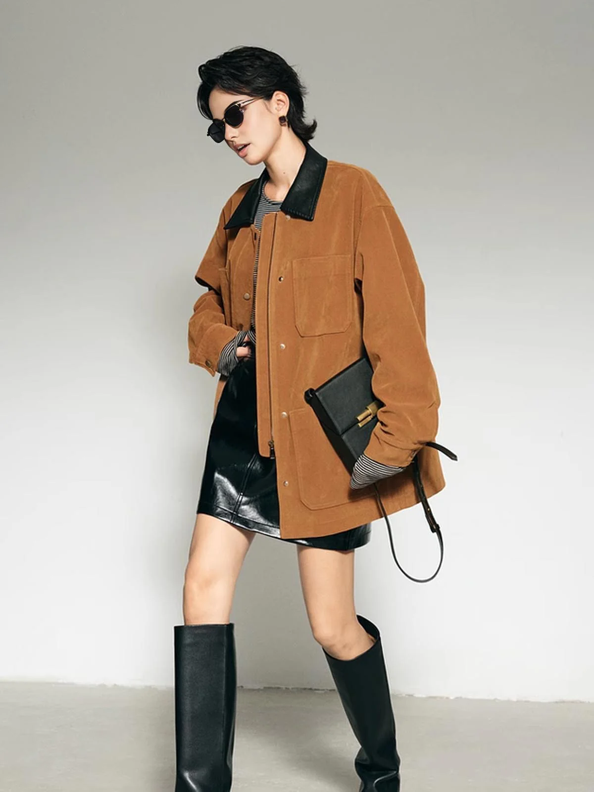 Contrast Collar Oversized Suede Jacket - Takermore
