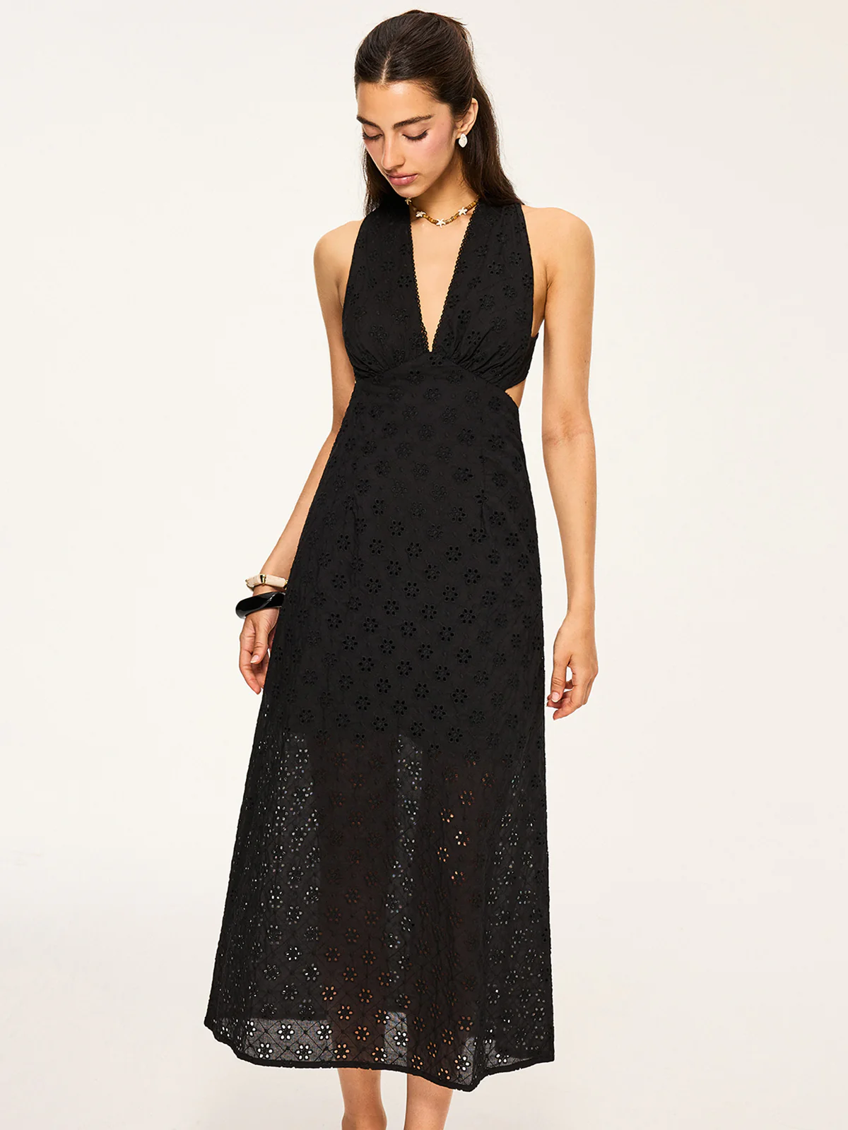 Eyelet Backless Criss-Cross Midi Dress - Takermore