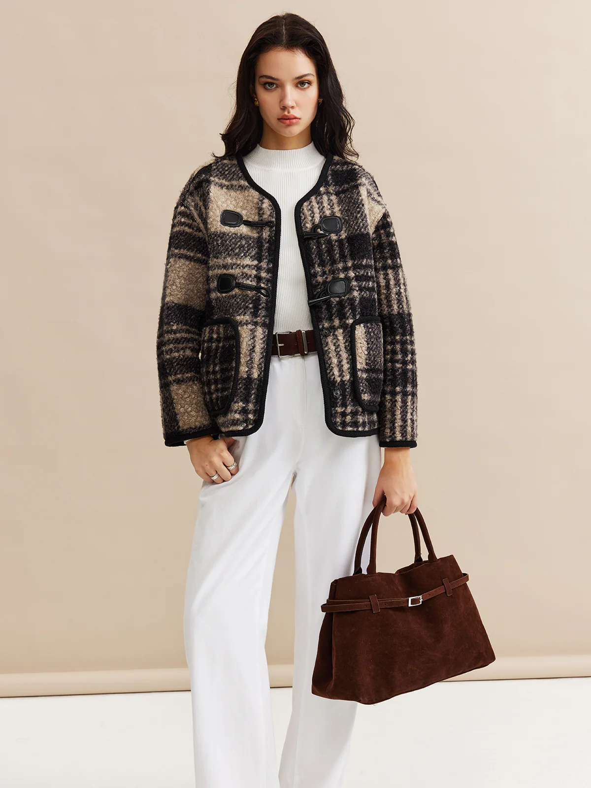 Contrast Trim Checked Tweed Coat - Takermore
