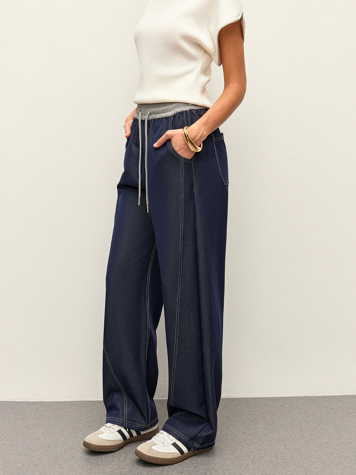High-Waist Drawstring Denim Pants With Pockets - Takermore