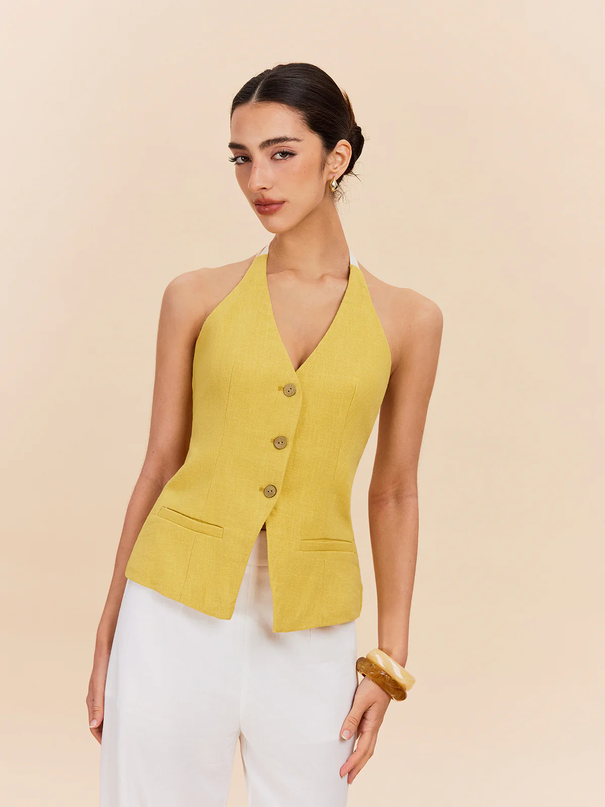 Cotton & Linen Halter Top With Decor Pocket - Takermore