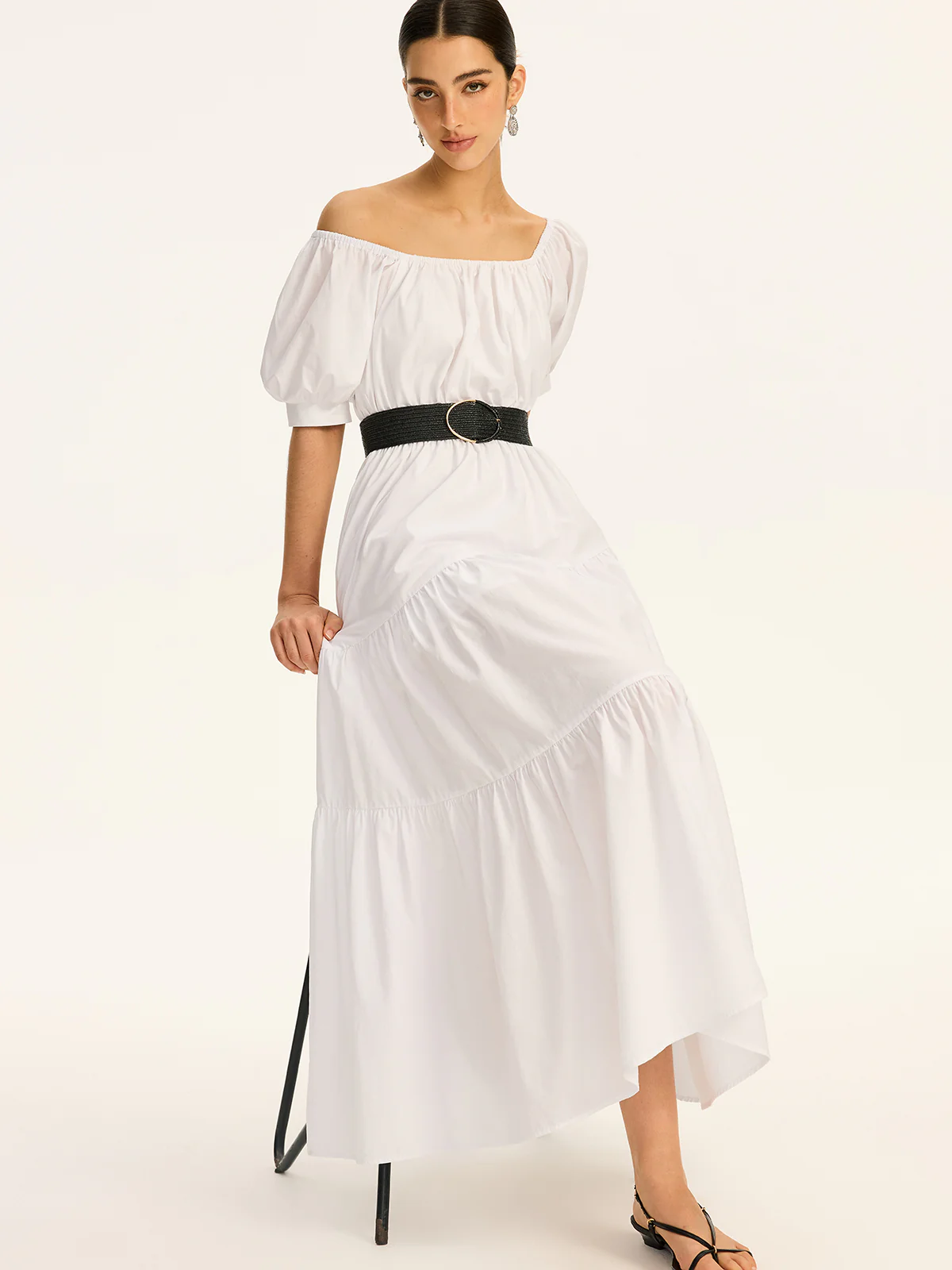 Cotton Off-Shoulder Short-Sleeve Maxi Dress - Takermore