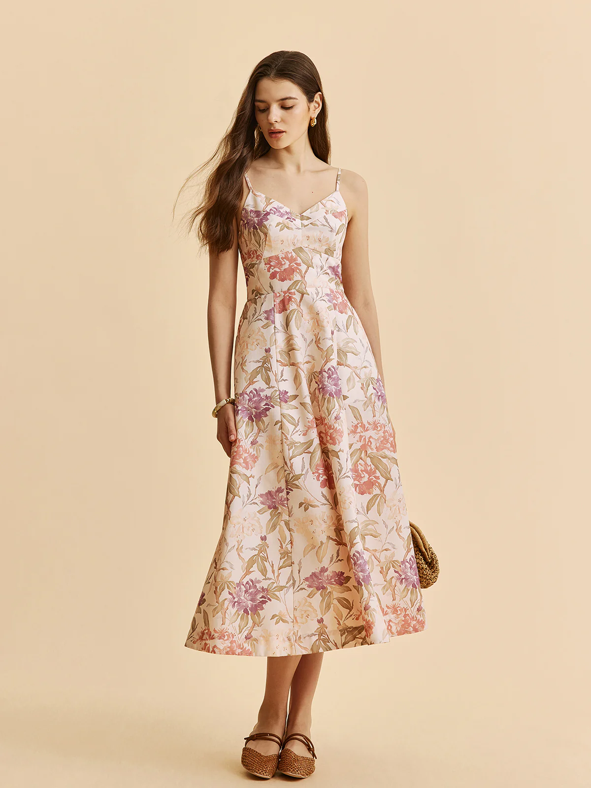 Romantic Floral A-Line V-Neck Cami Dress - Takermore