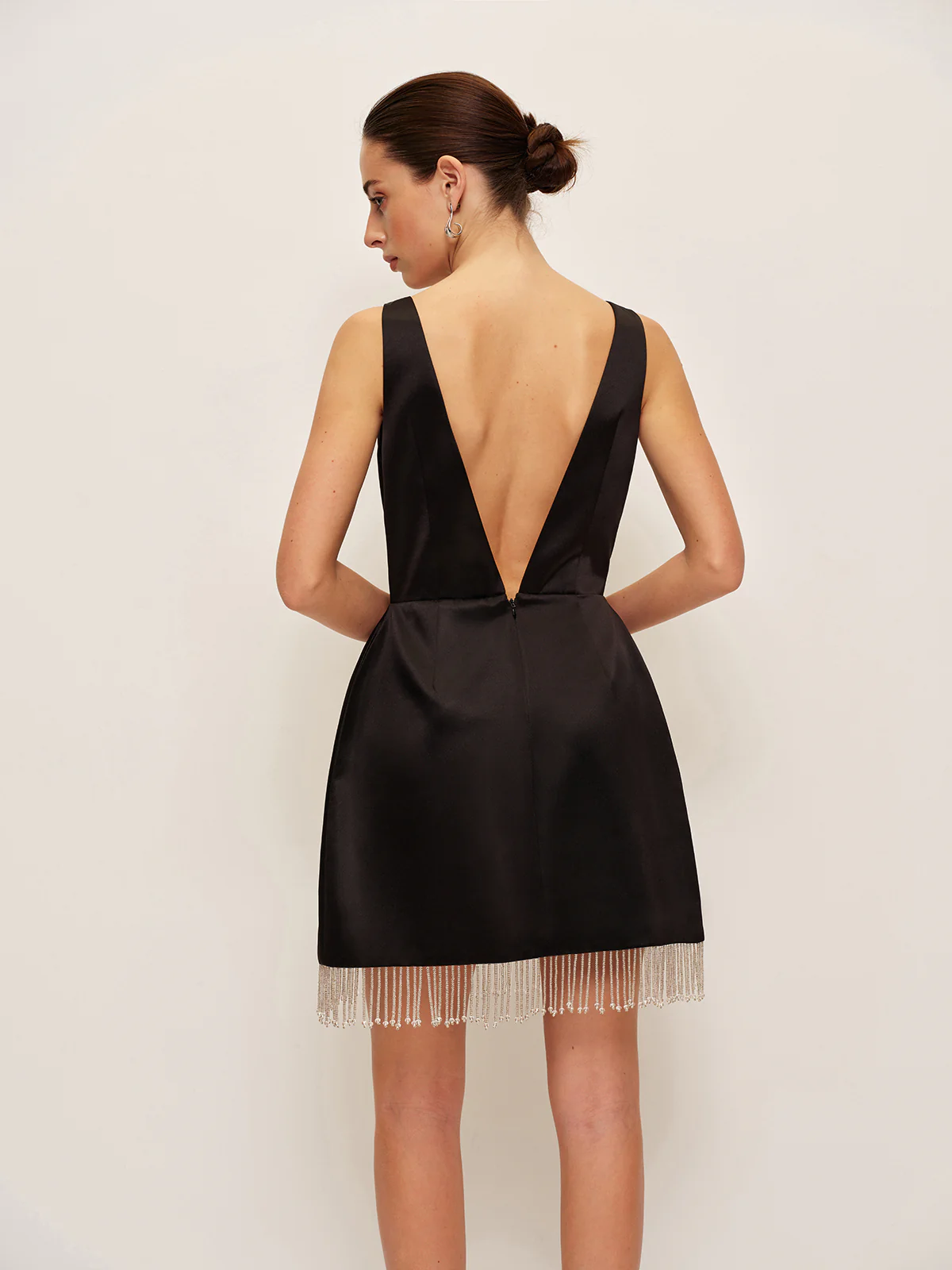 Beaded Fringe Satin V-Back Dress - Takermore