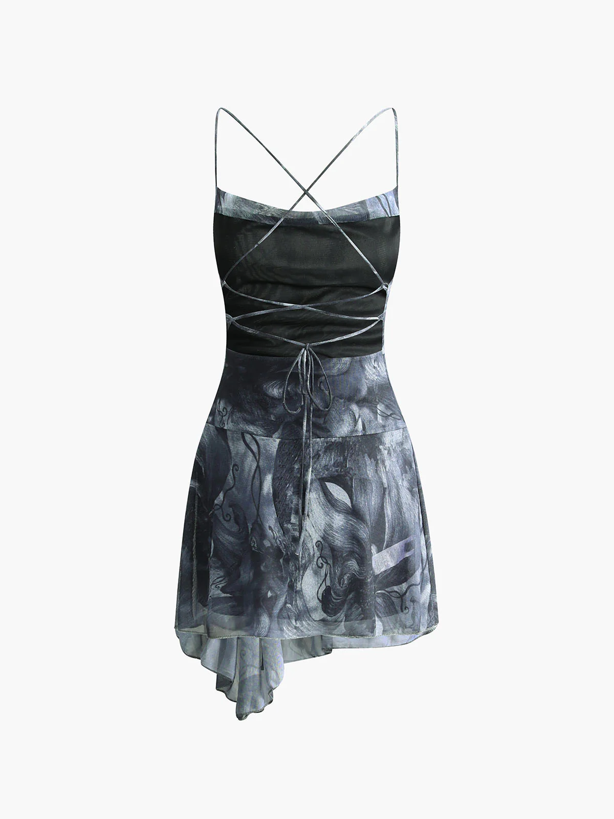 Crisscross Print Asymmetrical Hem Short Dress - Takermore