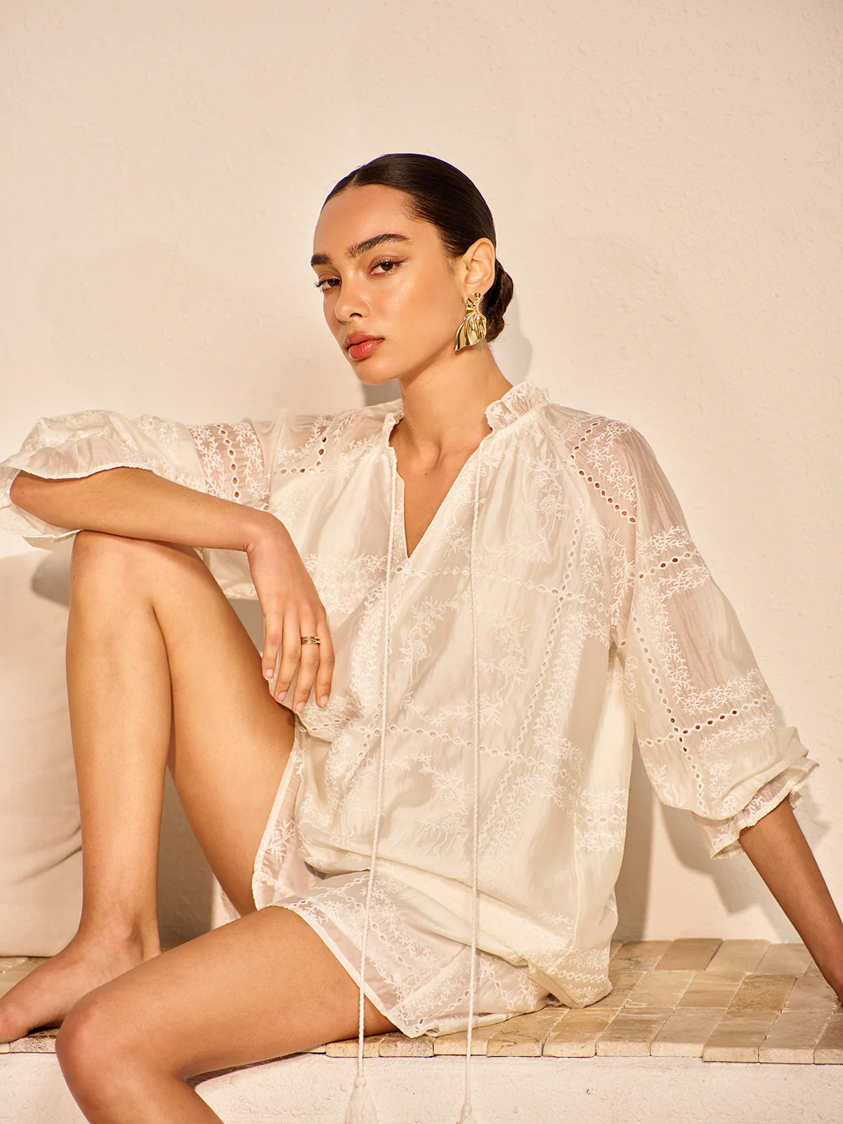 Embroidery Detail Long Sleeve Shorts Set - Takermore