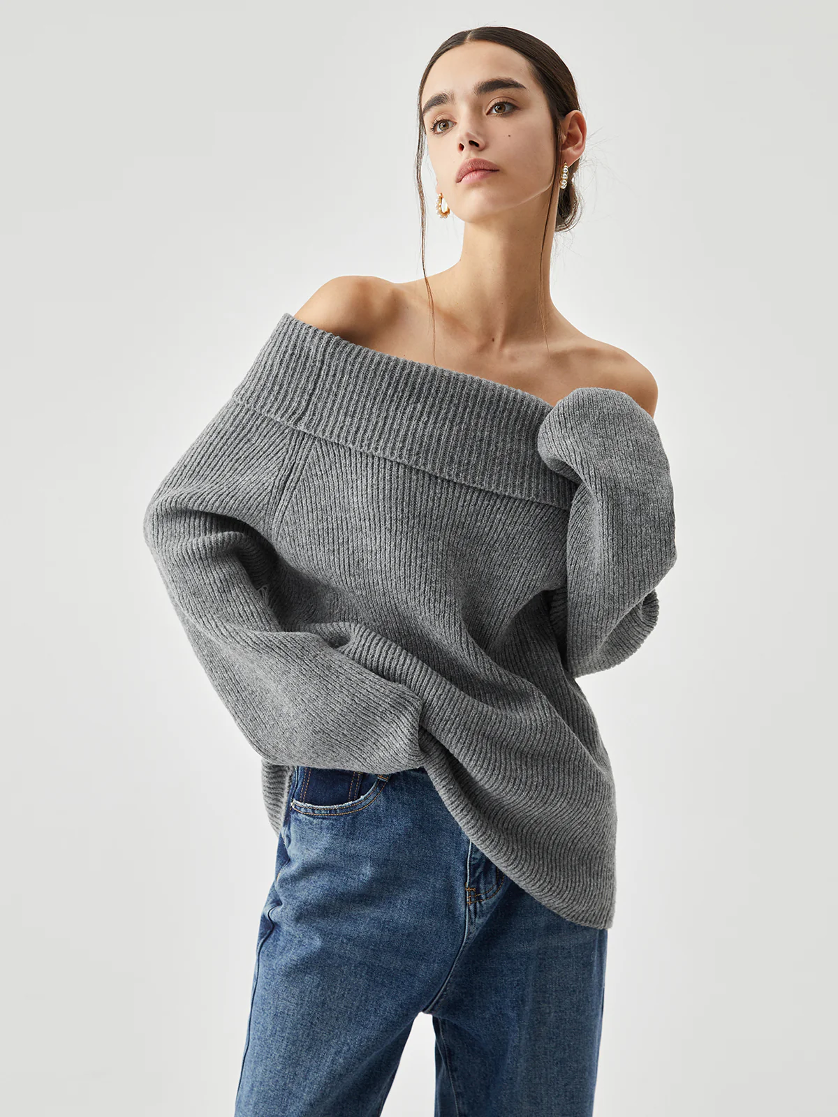 Oversized Overfold Off Shoulder Knit Sweater - Takermore