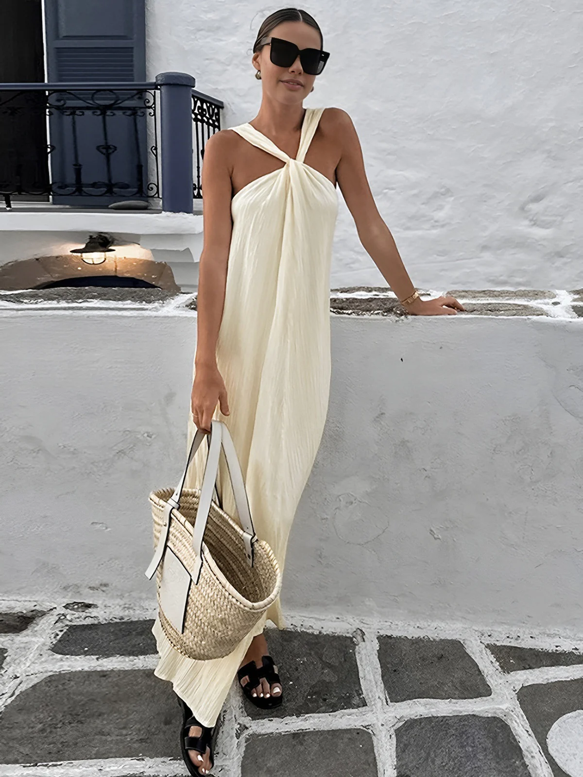 Creamy Halter Long Dress - Takermore