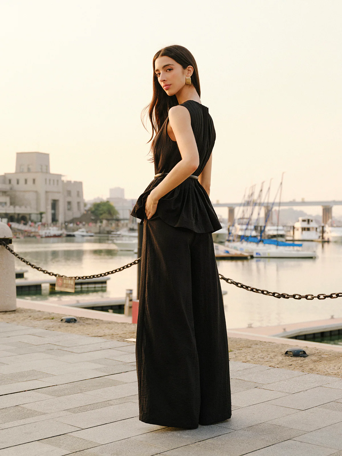 Peplum Top Wide-Leg Pants Set With Belt - Takermore