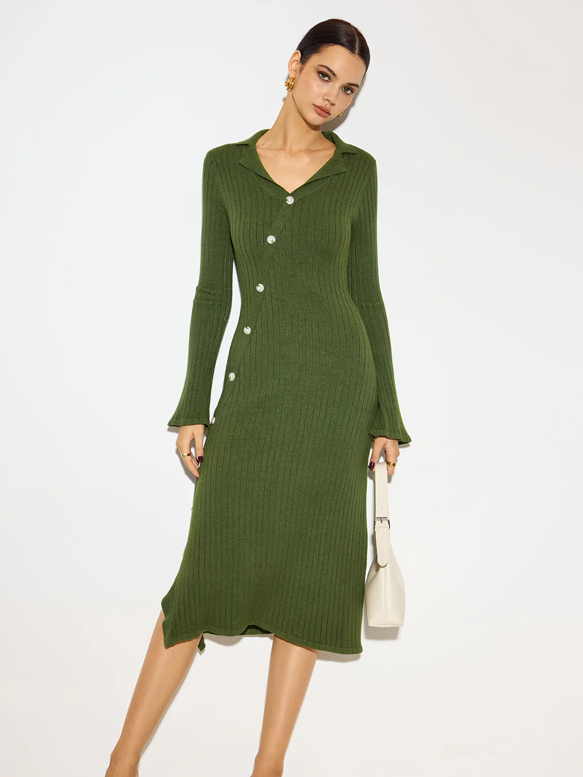 V-Neck Lapel Sweater Midi Dress - Takermore