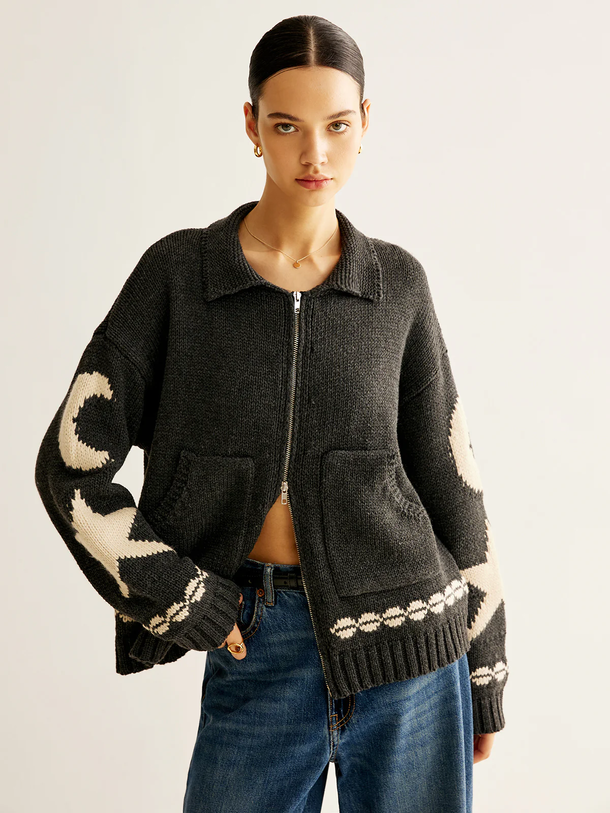 Double-Zip Pockets Lapel Cardigan - Takermore