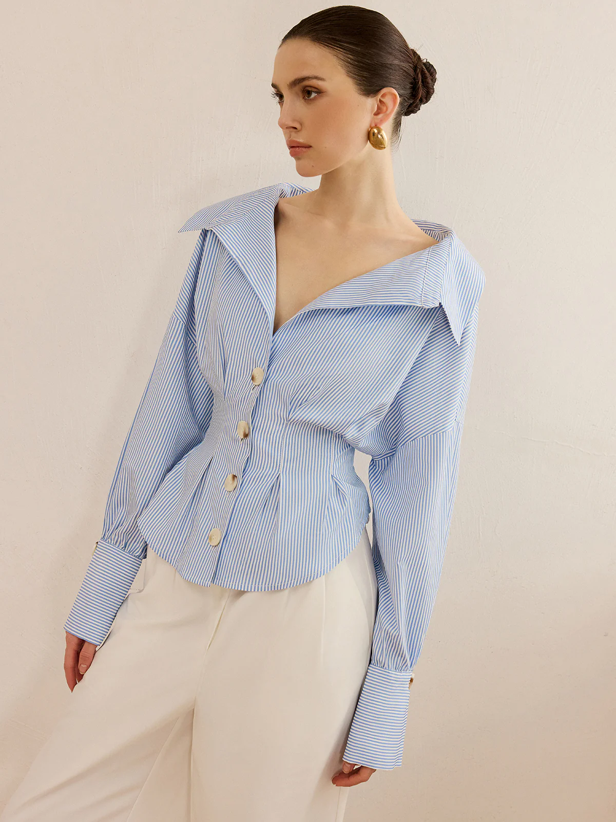 Striped Collared Shirt with Waist-Cinching Design - Takermore