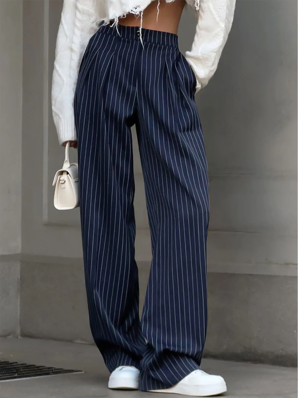 Pinstripe Pleated Wide-Leg Pants - Takermore
