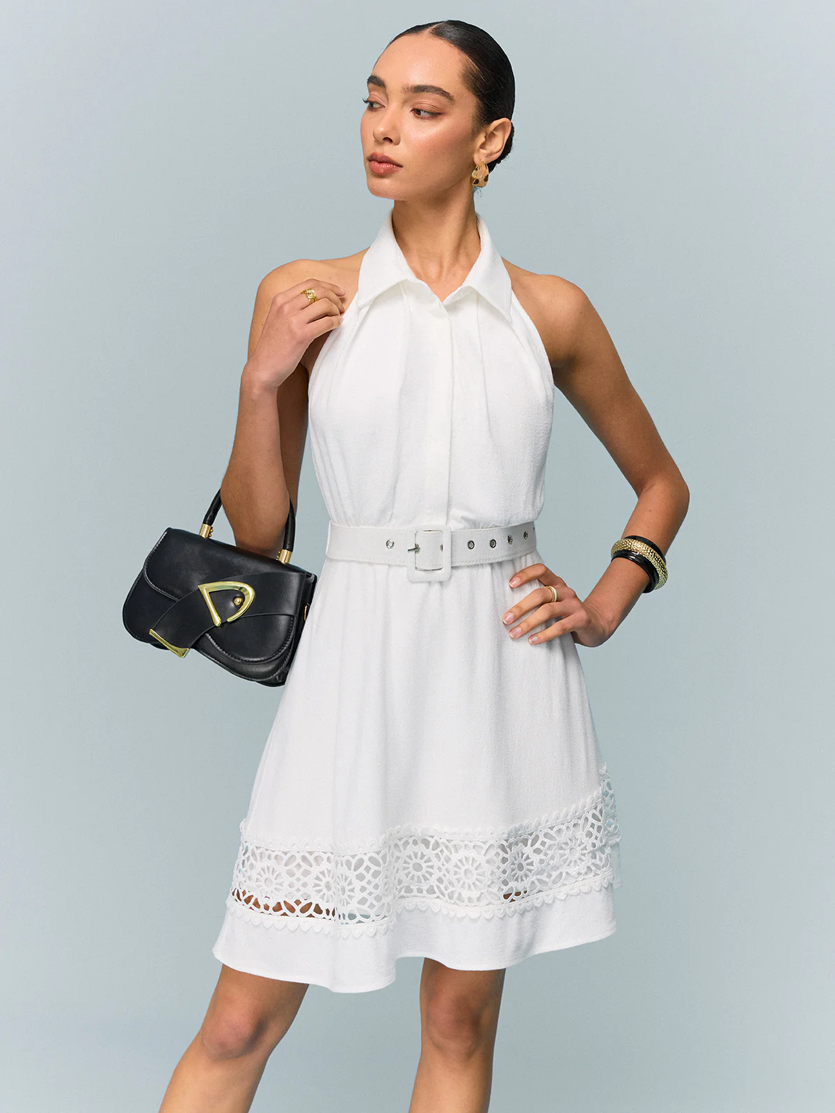 Linen Halter Belted Dress with Lace Hem - Takermore