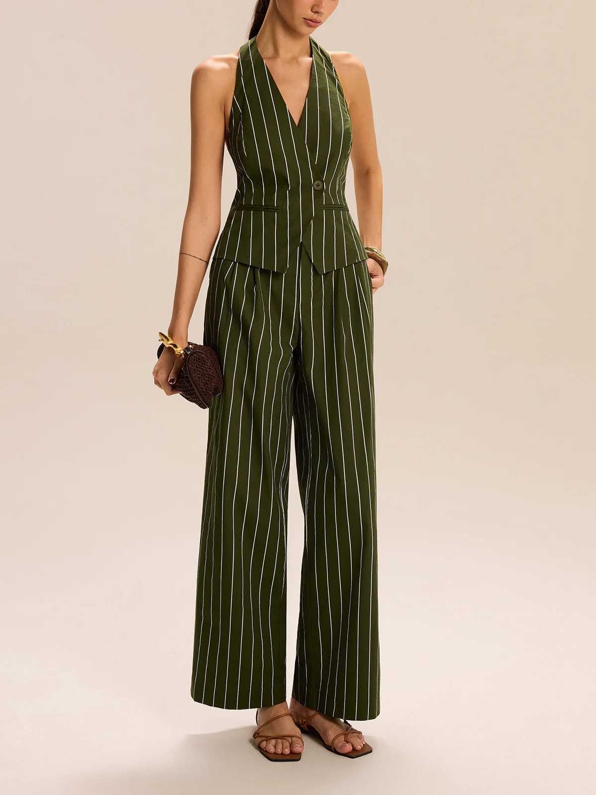 Striped Halter-Neck Vest and Wide-Leg Pants Set - Takermore