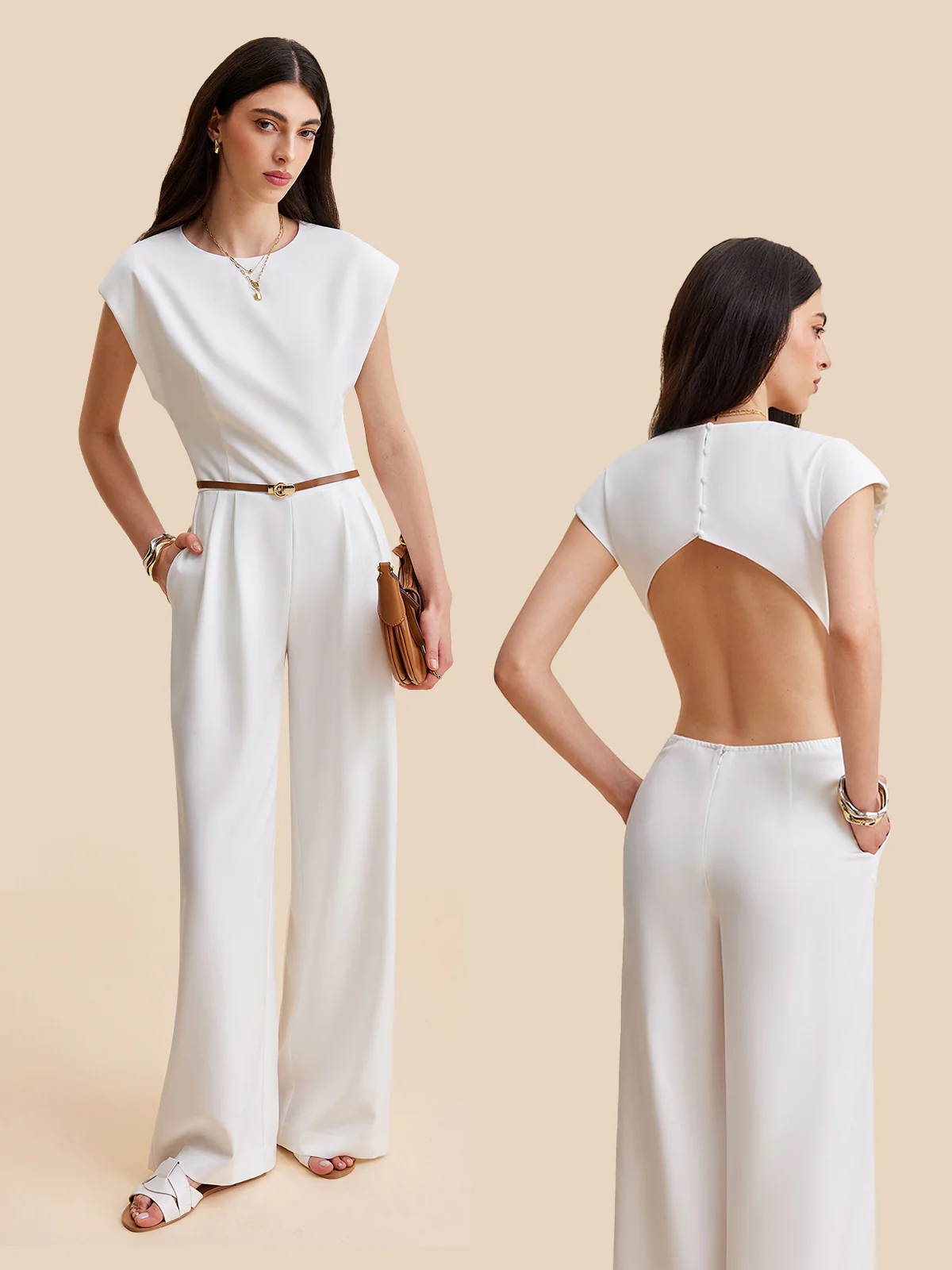 Cap Sleeve Buttoned Backless Jumpsuit - Takermore