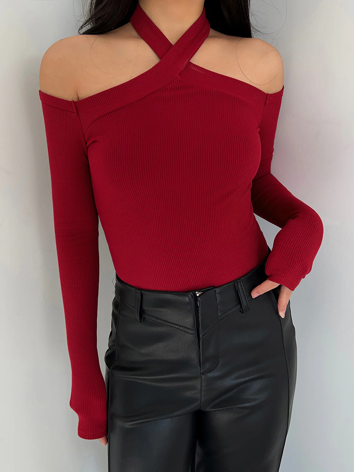 Criss Cross Cold-Shoulder Ribbed Top - Takermore