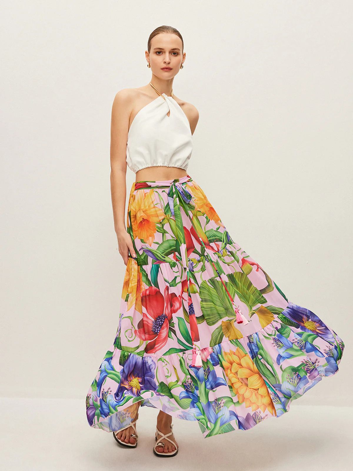 Semi-Sheer Floral Print Belted Chiffon Skirt - Takermore