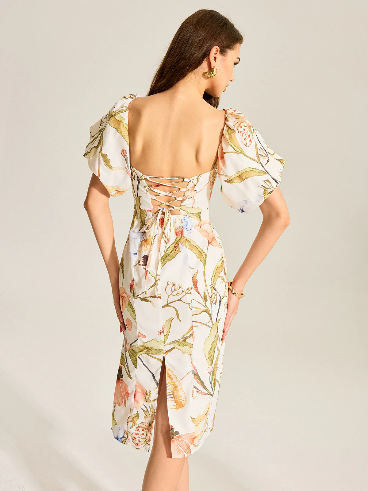 Floral Puff Sleeve Backless Dress - Takermore
