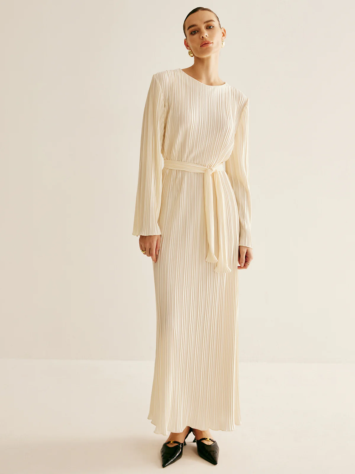 Minimalist Plisse Ruffle Belted Dress - Takermore