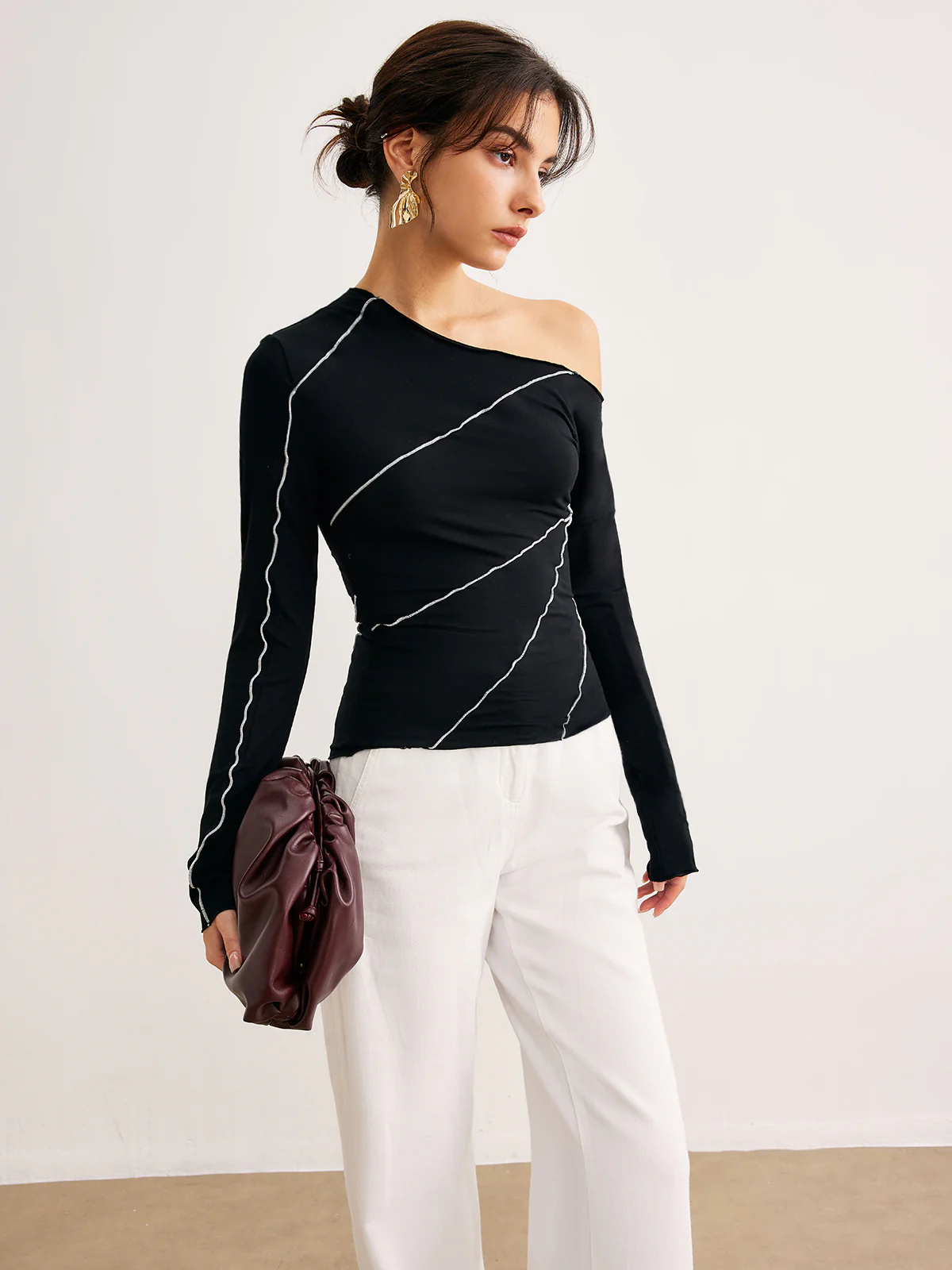 One-Shoulder Contrast Piping Skinny T-Shirt - Takermore