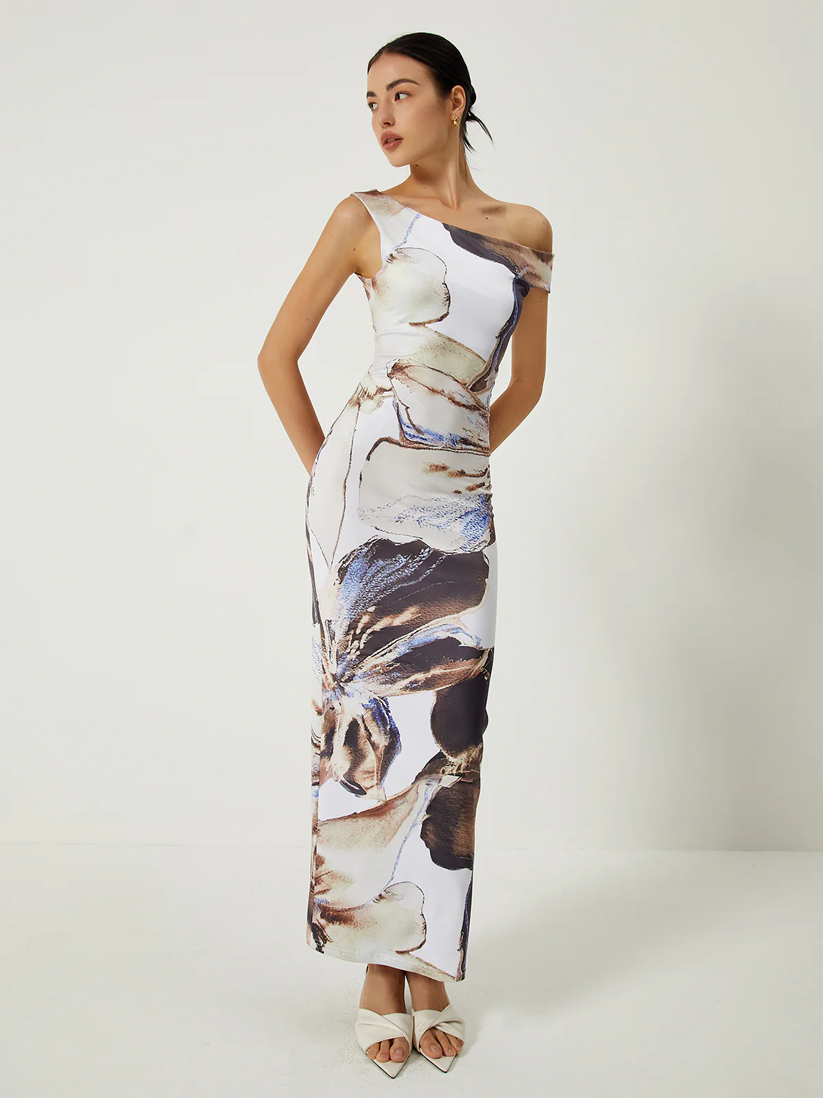 Asymmetrical Printed Off-Shoulder Slim Long Dress - Takermore