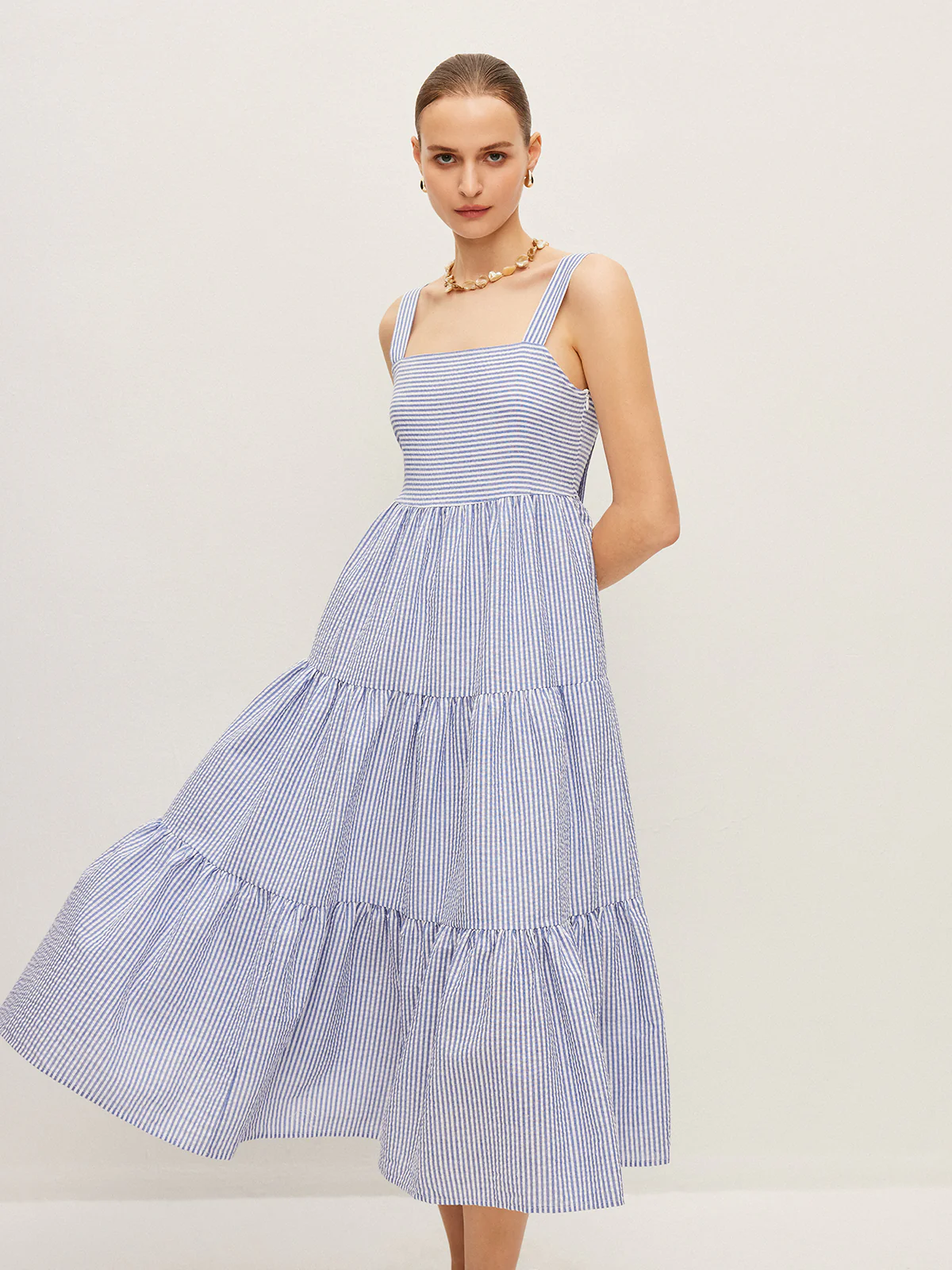 Striped Button-Detail Sleeveless Dress - Takermore