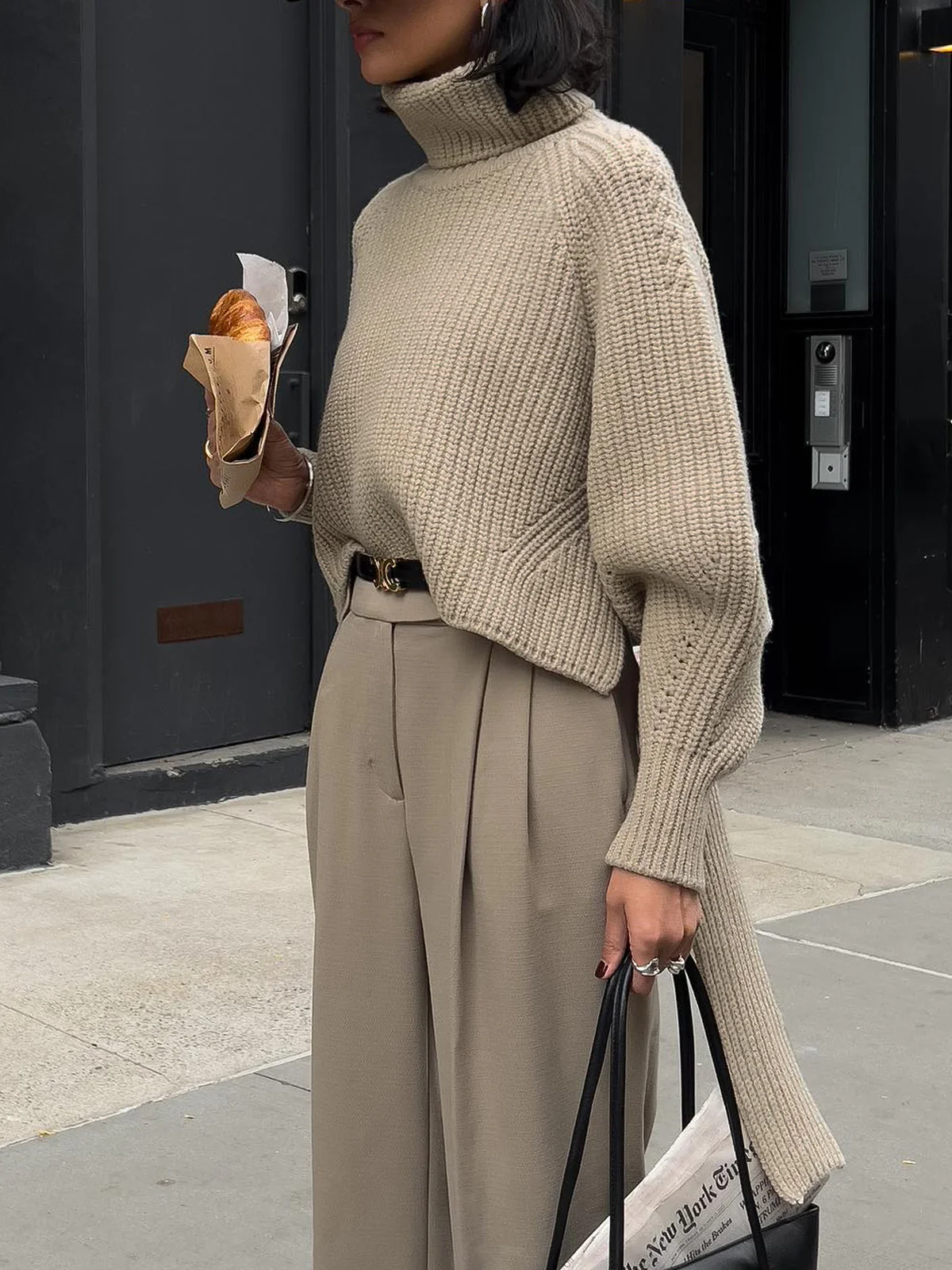 Solid Oversized Ribbed Knit High Neck Sweater - Takermore