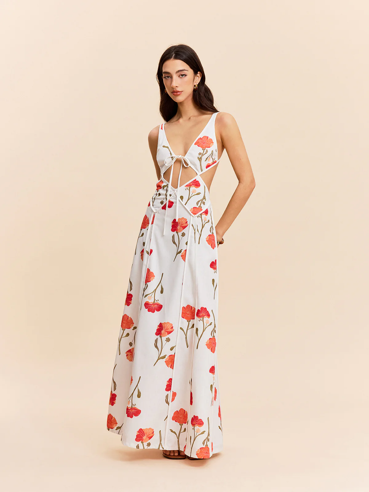 Floral Cut-Out Tie-Back Dress - Takermore