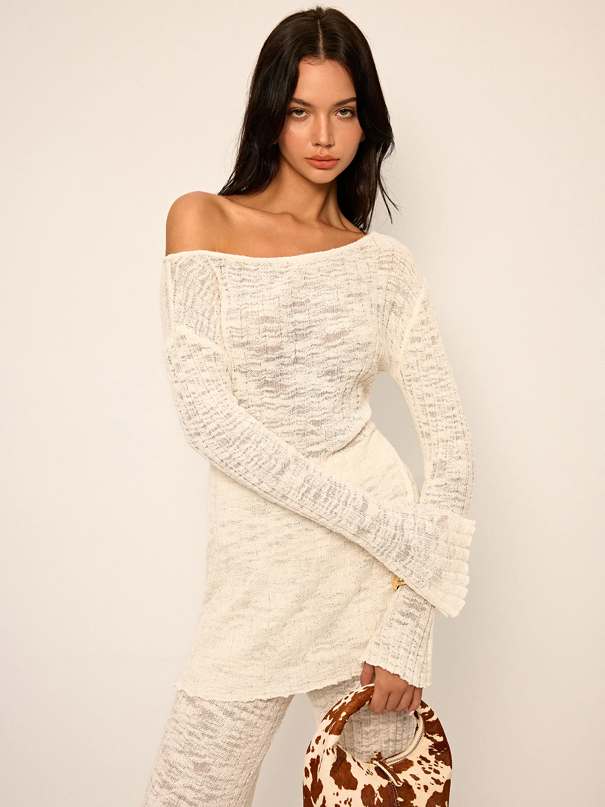 Off-Shoulder Sheer Knit Top and Flared Pants Set - Takermore