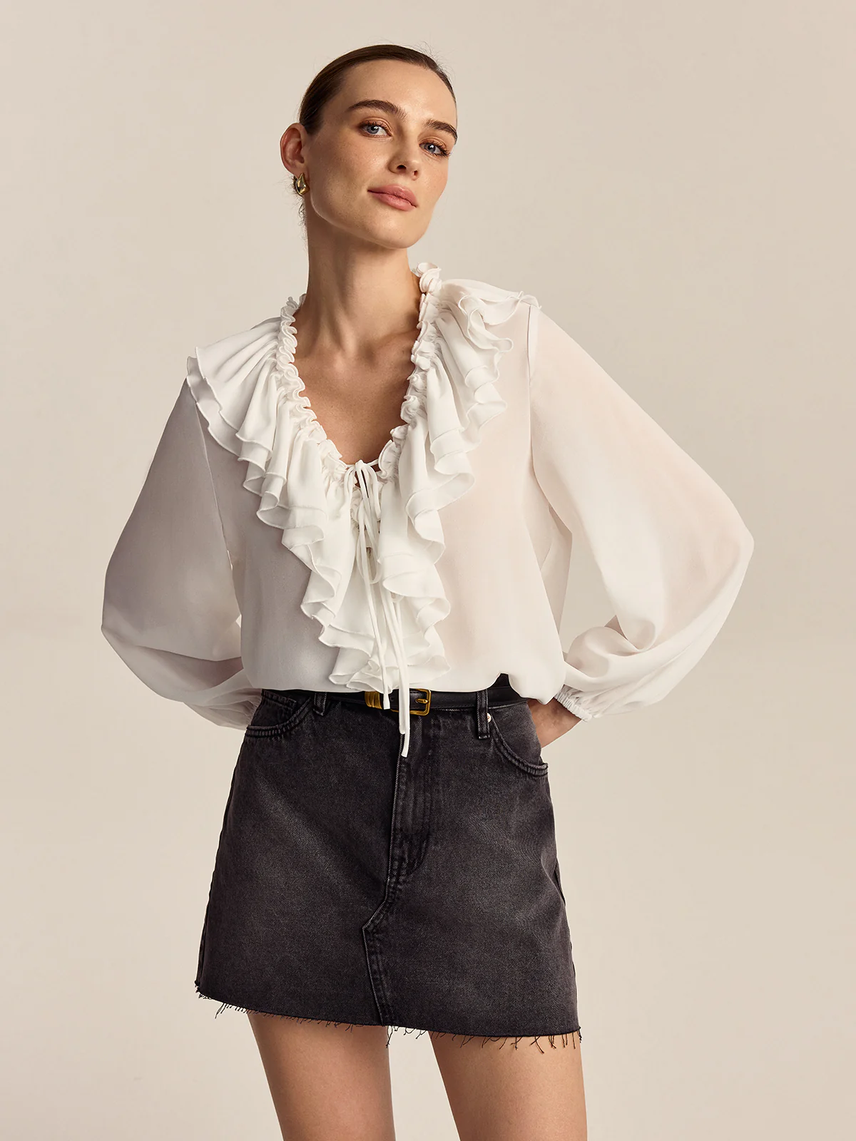 Ruffled V-Neck Chiffon Blouse - Takermore