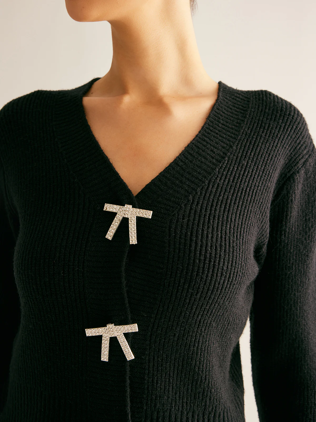 Ribbed Rhinestone Bow Slim Cardigan - Takermore