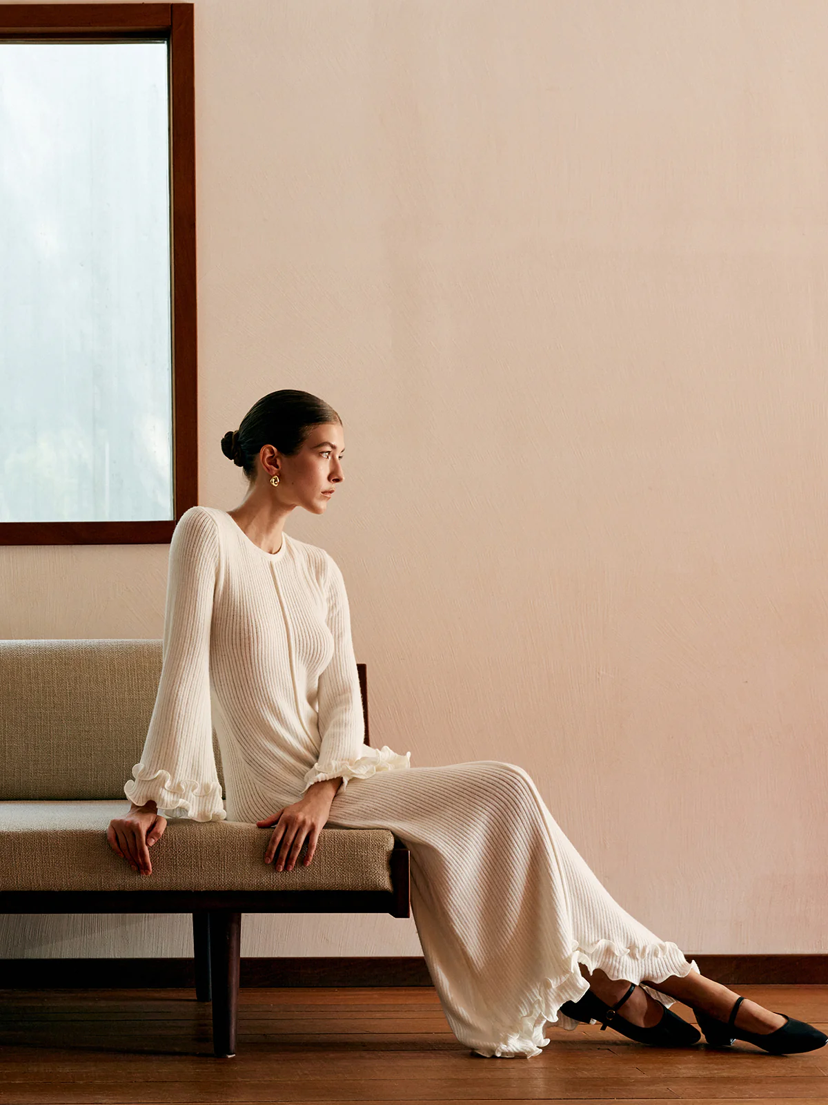 Semi-Sheer Piping Ruffle Drawstring Knit Dress - Takermore