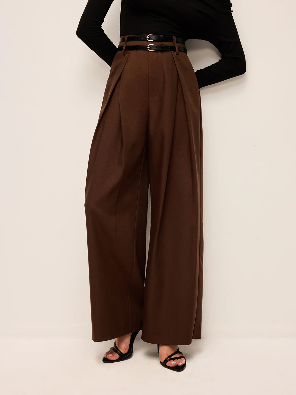 High-Waist Wide-Leg Pants With Double Belts - Takermore