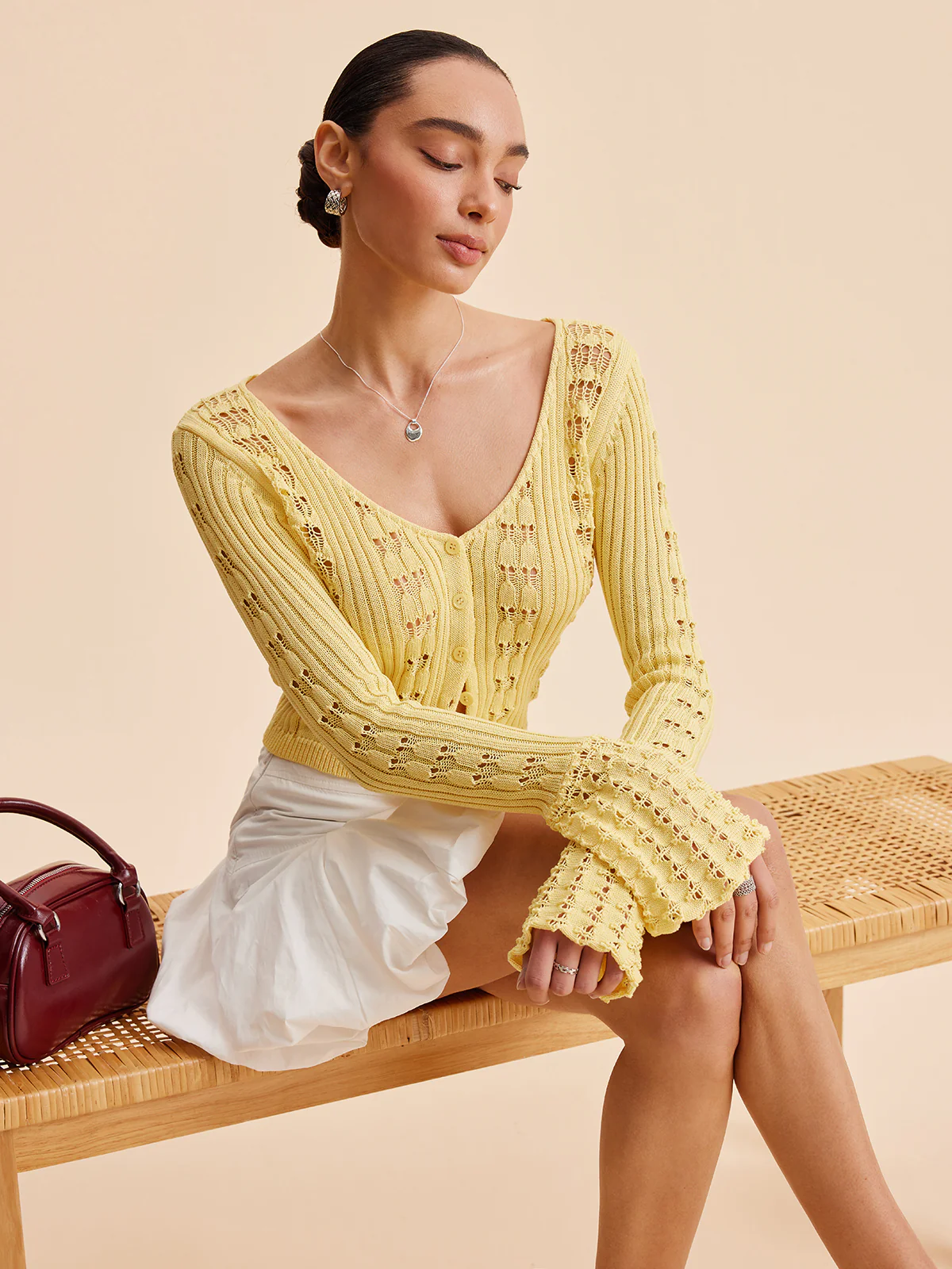 Bell Sleeve Crochet Knit Cardigan - Takermore