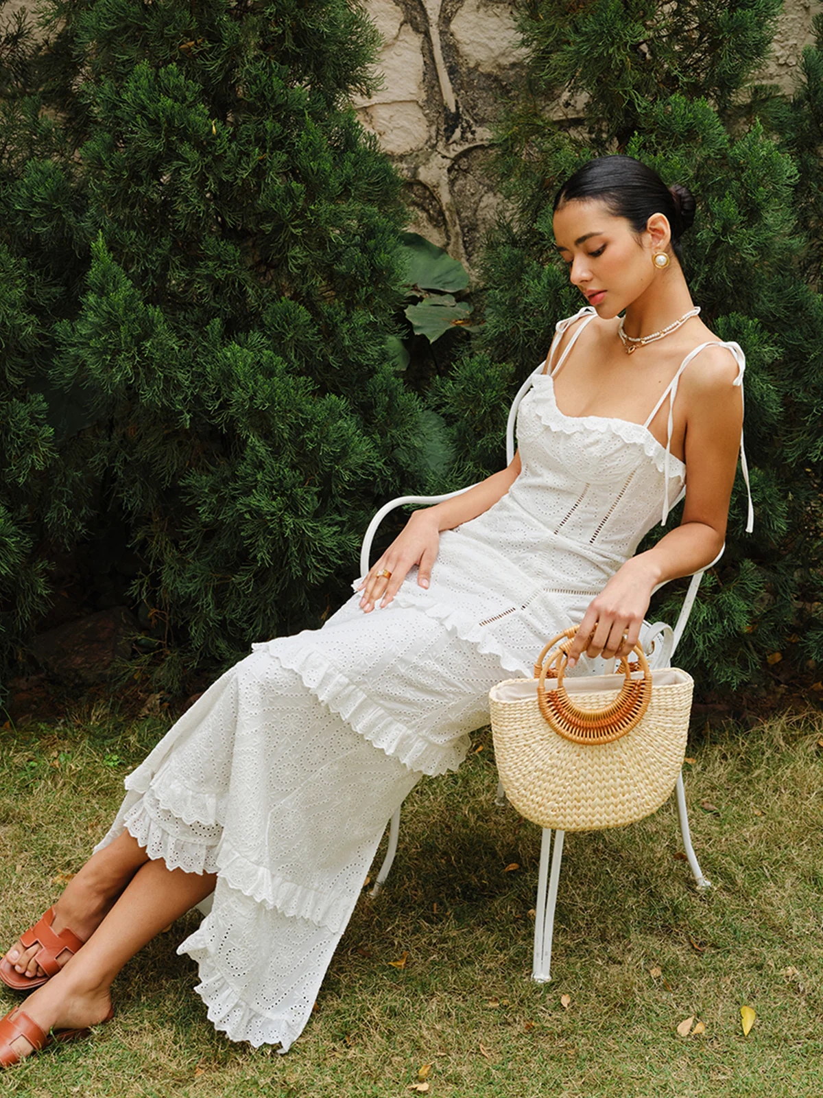 Lace-Up Tie Strap Ruffled Slit Dress - Takermore