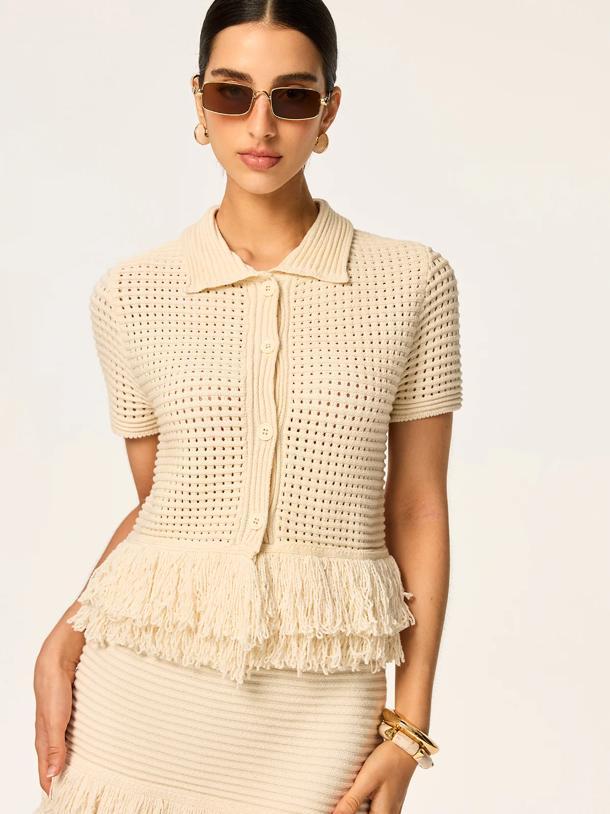Fringed Mesh-Knit Polo Short Sleeve Top - Takermore