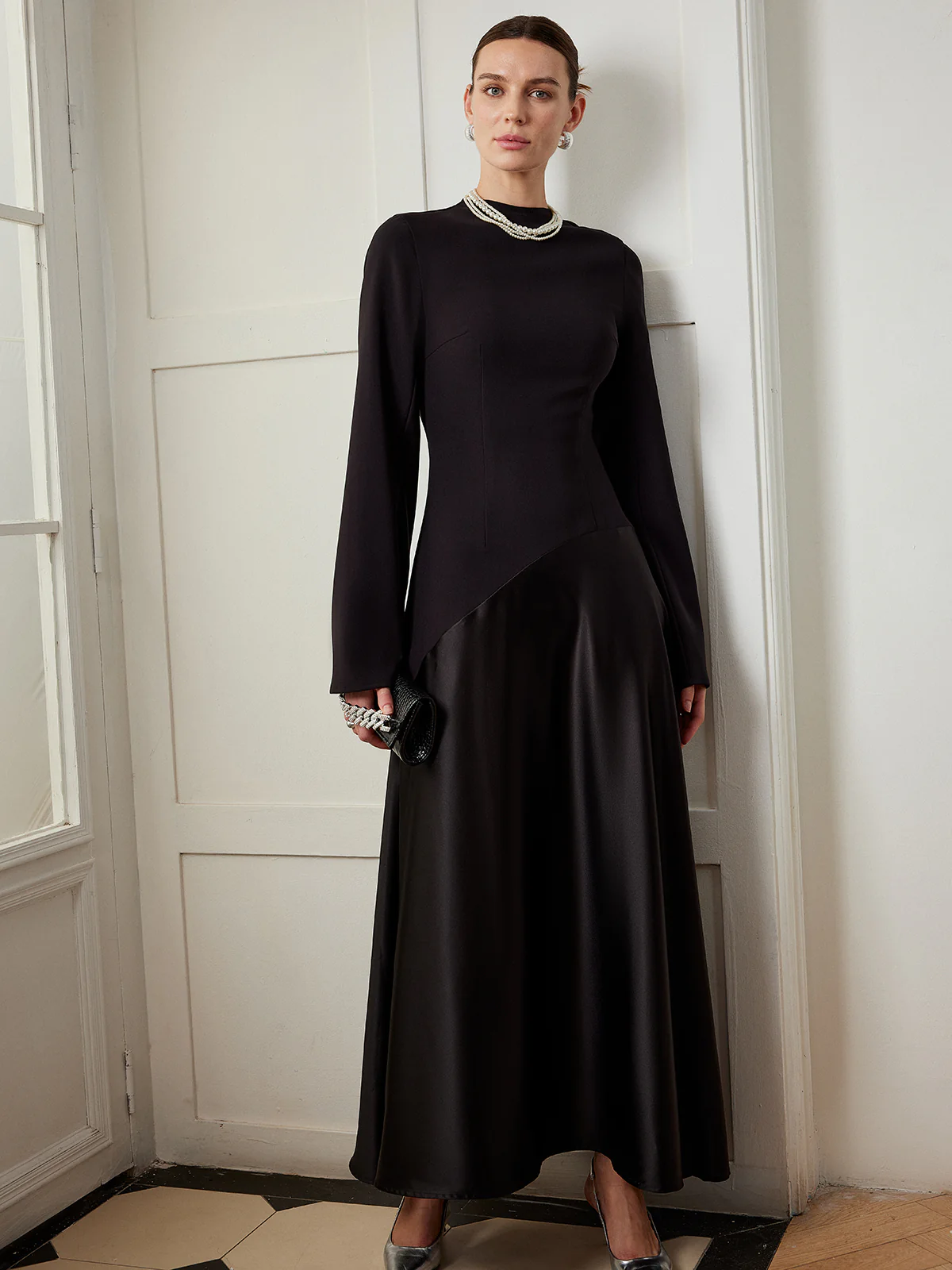 Plain Mock Neck Slim Panel Dress - Takermore