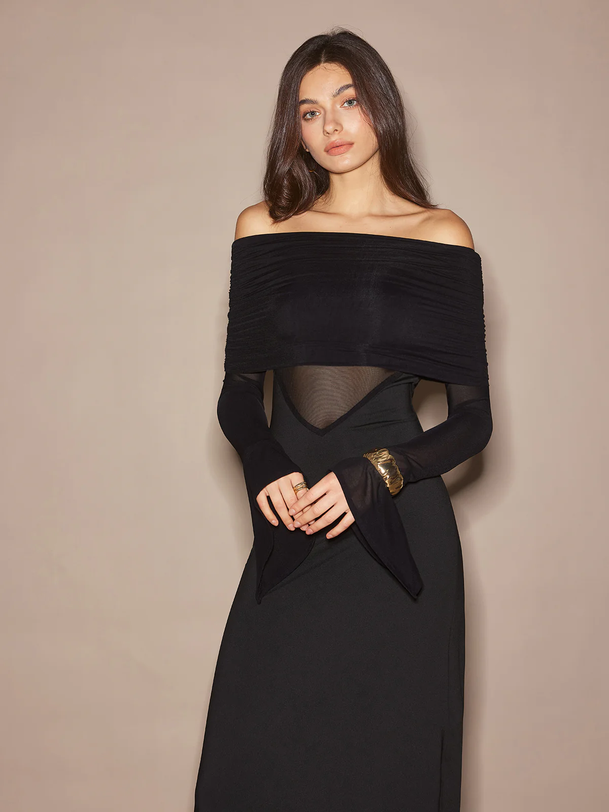 Off-Shoulder Sheer Panel Dress - Takermore