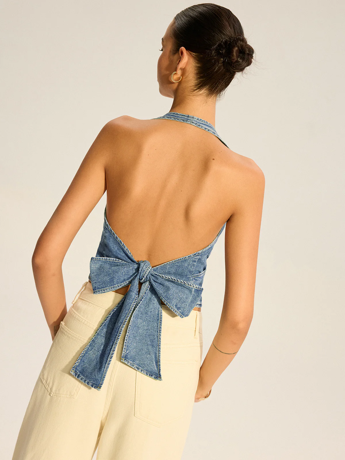 Denim Halter-Neck Wrap Top with Back Bow Detail - Takermore