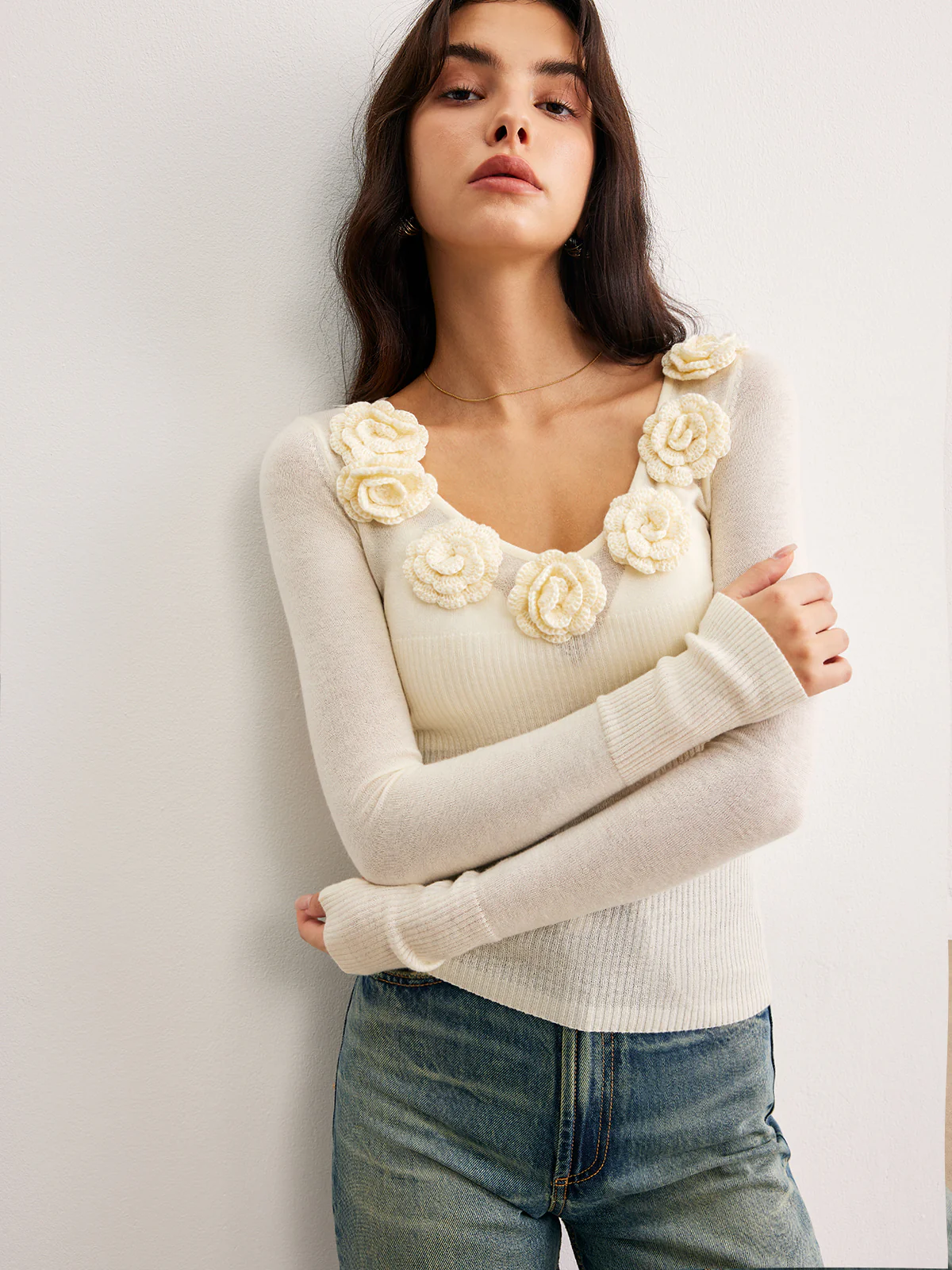 3D Flower Semi-Sheer Knit Top - Takermore
