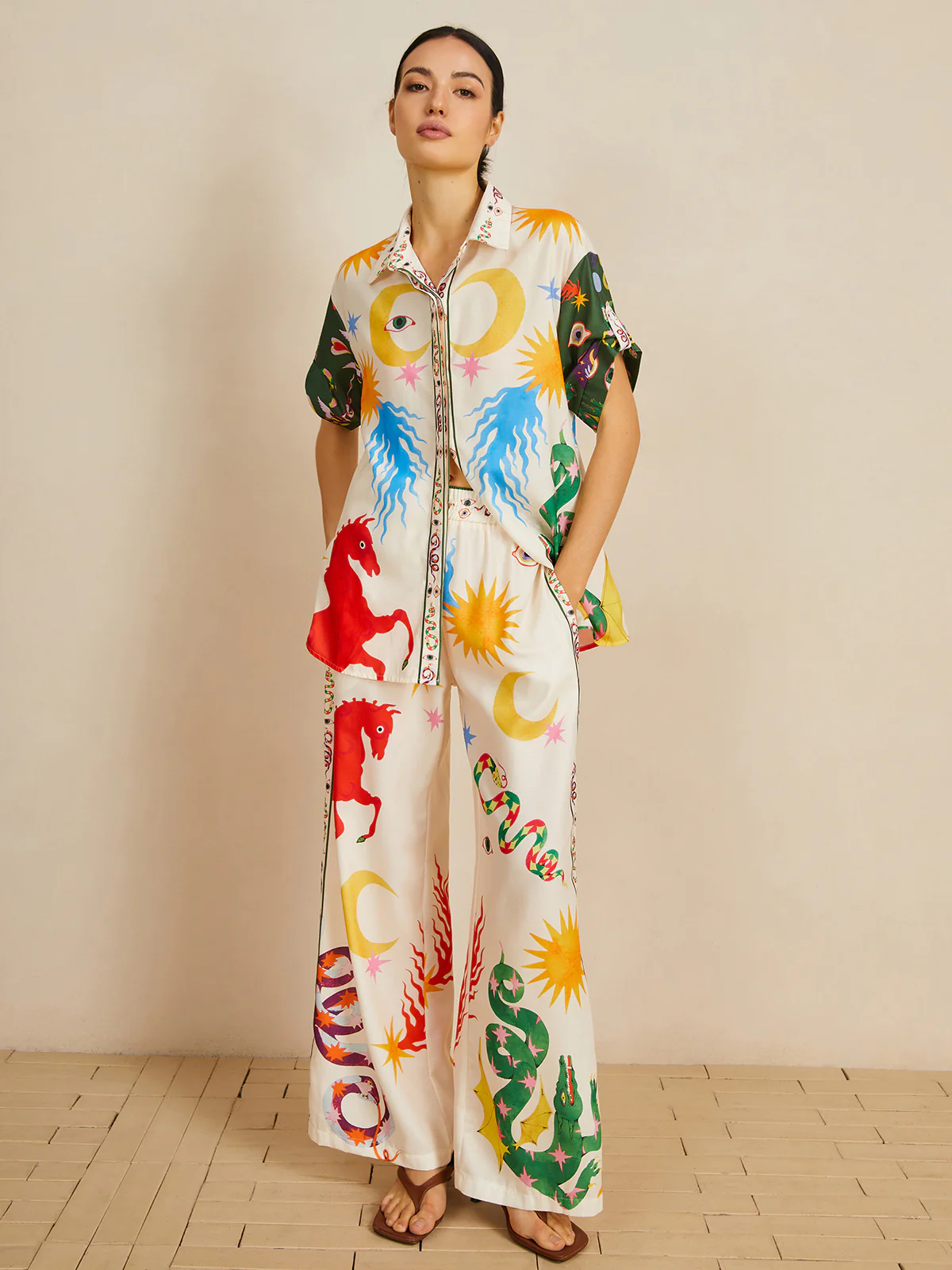 Casual Shift Linen Blend Style Print Pants Set - Takermore