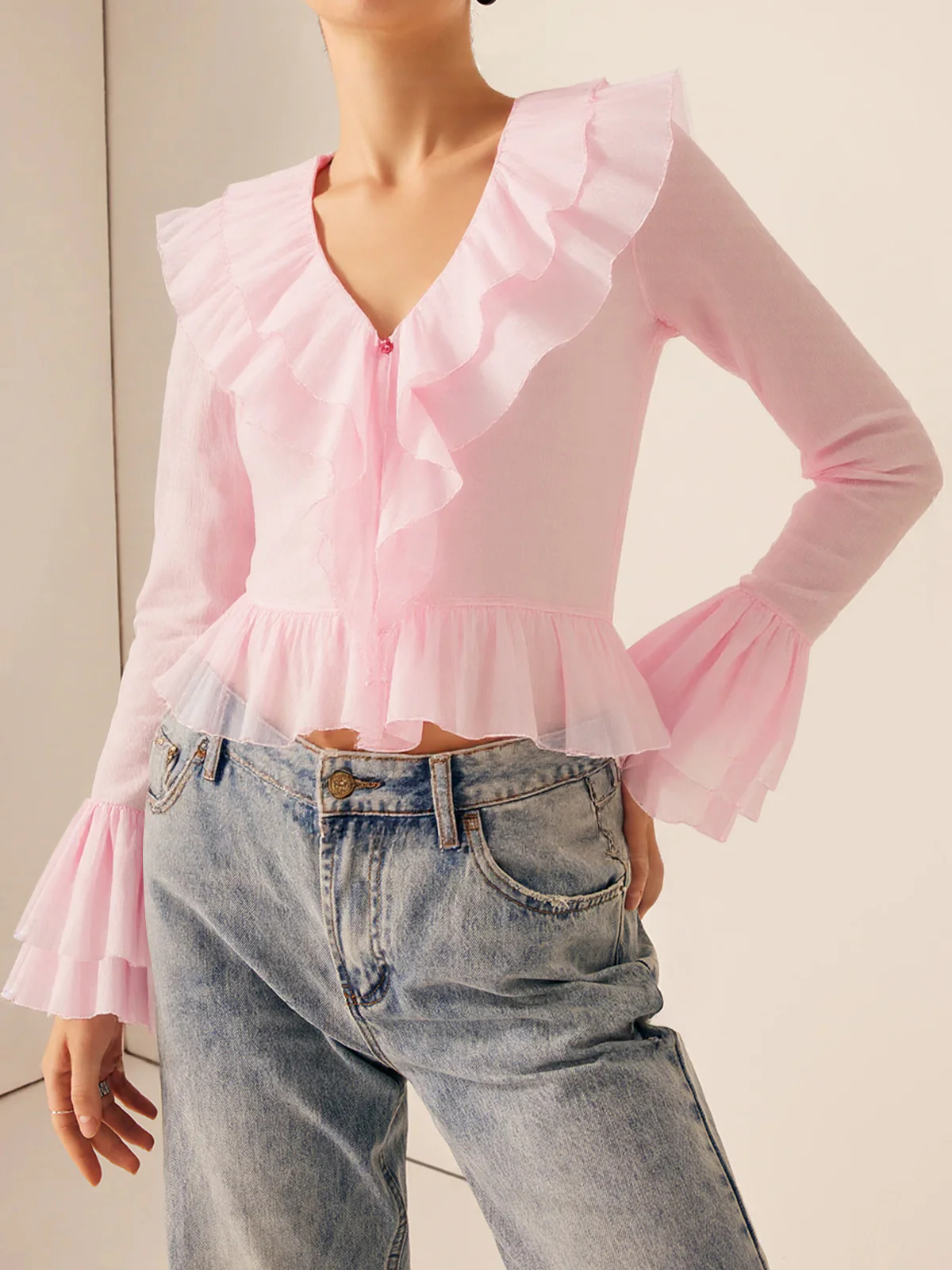 Ruffled V-Neck Bell-Sleeve Top - Takermore
