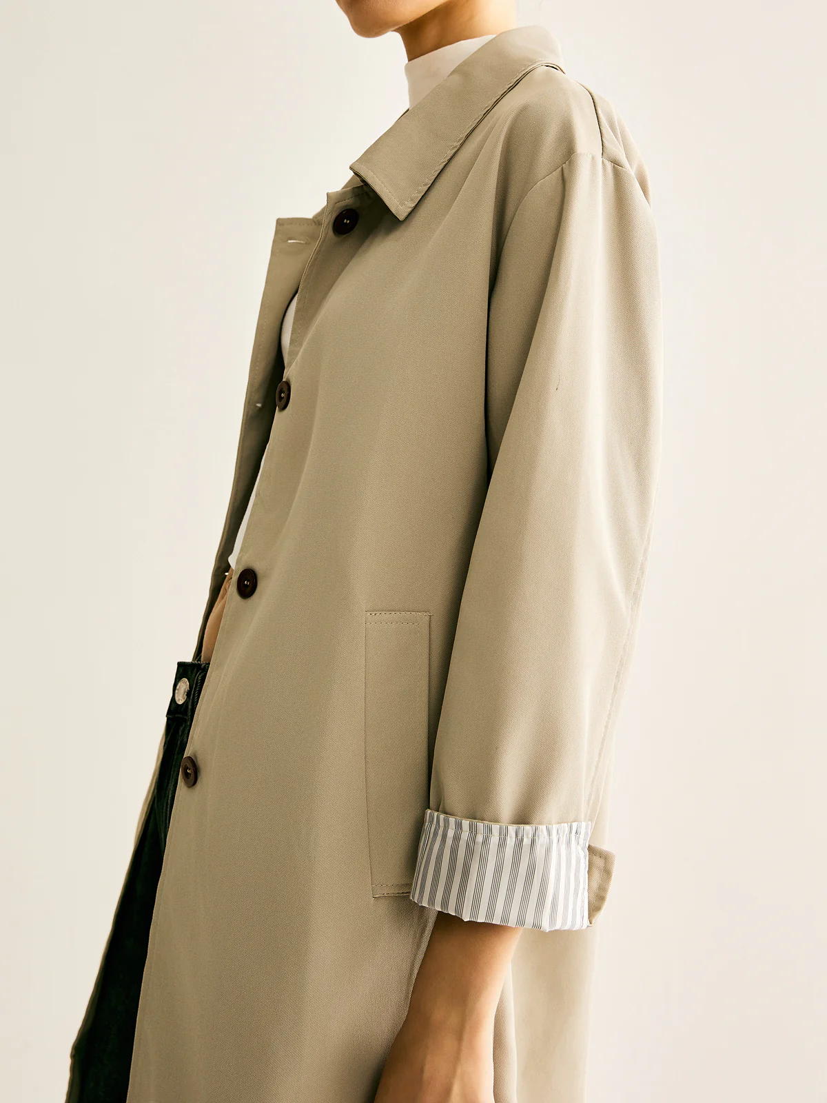 Pinstripe-Cuff Long Trench Coat - Takermore